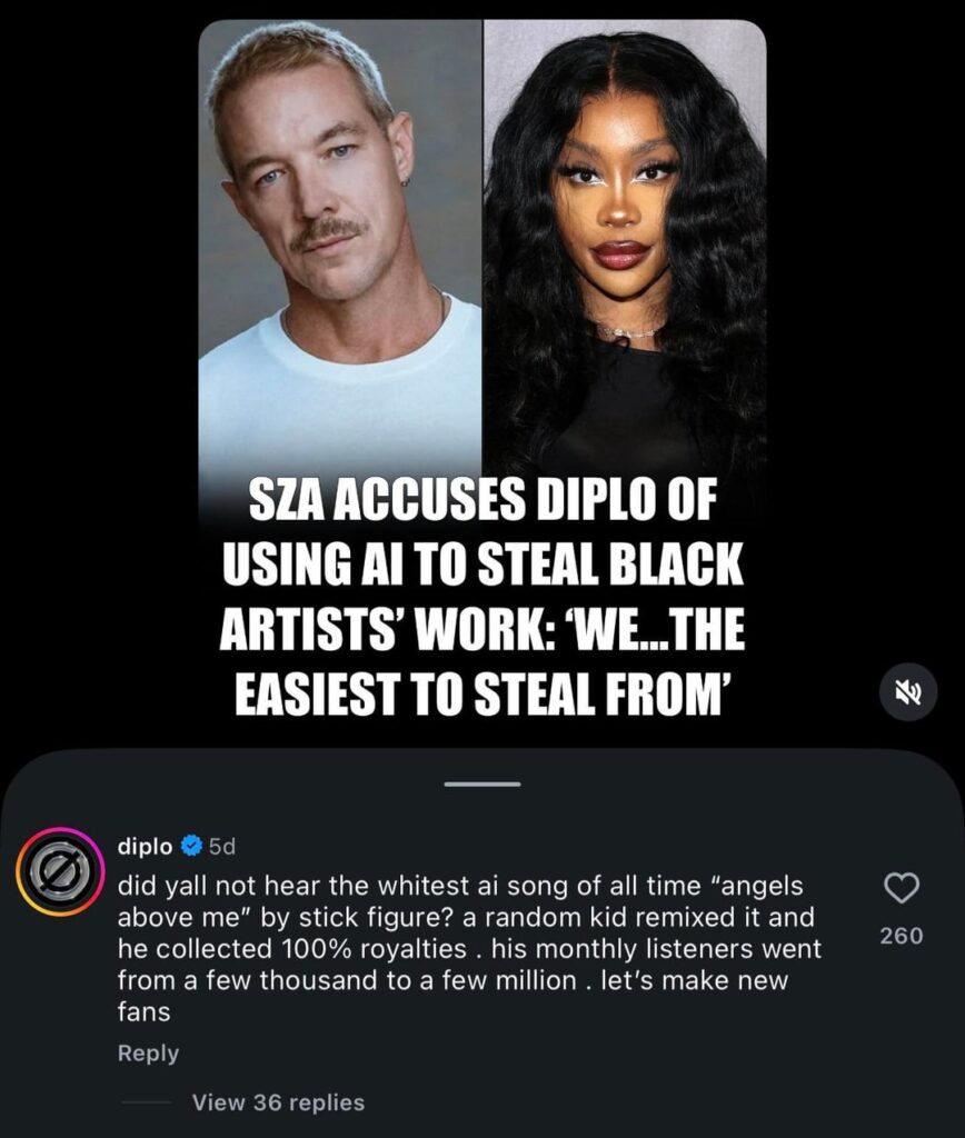 Diplo’s extremely dismissive response to SZA’s concerns about AI’s exploitation of Black artists: “did yall not hear the whitest ai song of all time ‘angels above me’ by stick figure?”