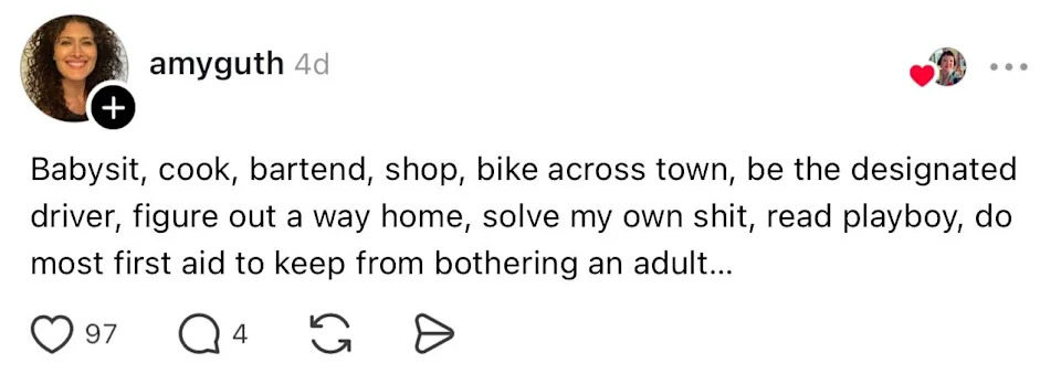 Summary of a text post discussing various independent activities, including babysitting, cooking, bartending, and reading, highlighting self-reliance