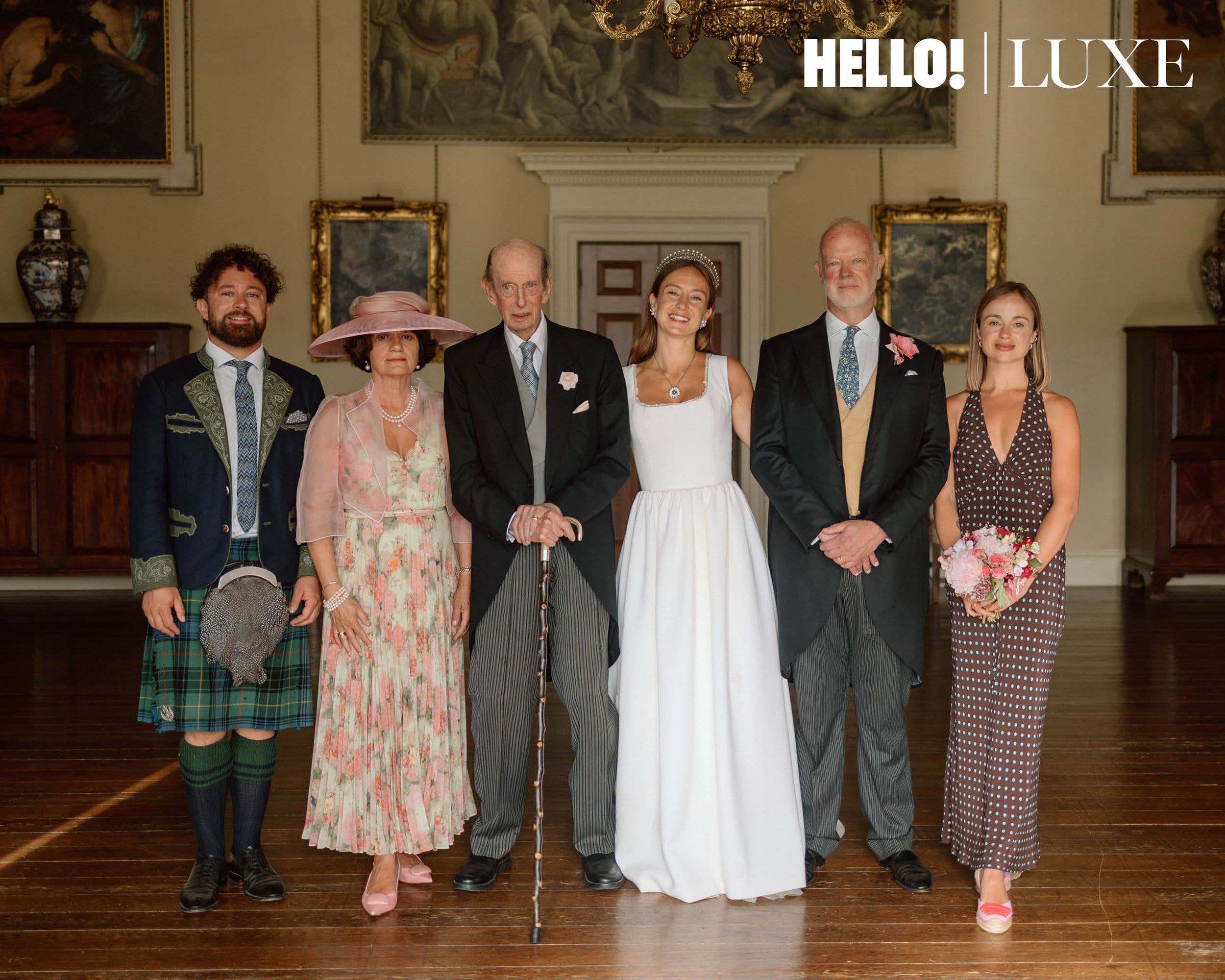 From left: Edward, Sylvana, the Duke of Kent, Marina, George and Amelia. Below: Penelope Chilvers with her husband, Steve Hastings; and Marina with Lady Gabriella Kingston and Flora Vesterberg