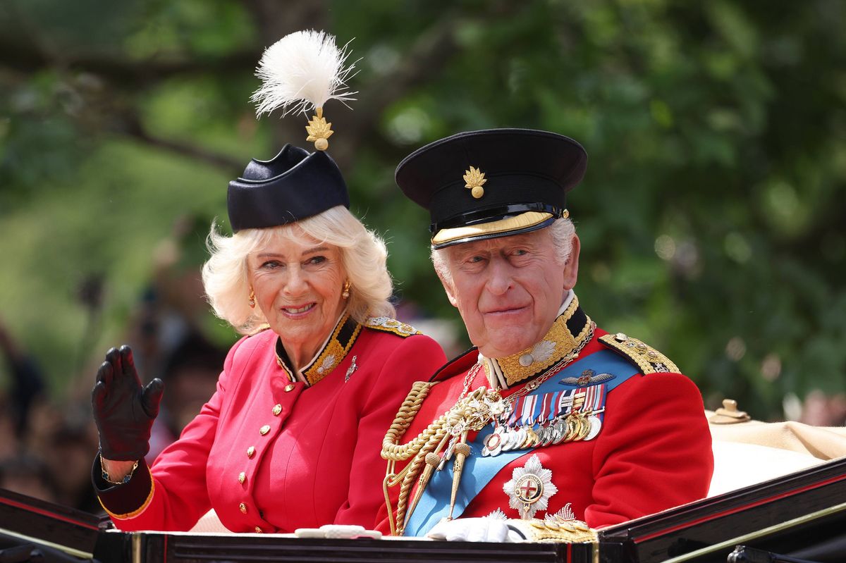 LONDON, ENGLAND - JUNE 13: King Charles III and Queen Camilla during Trooping The Colour 2026 on June 13, 2026 in London, England. (Photo by Neil Mockford/Getty Images)