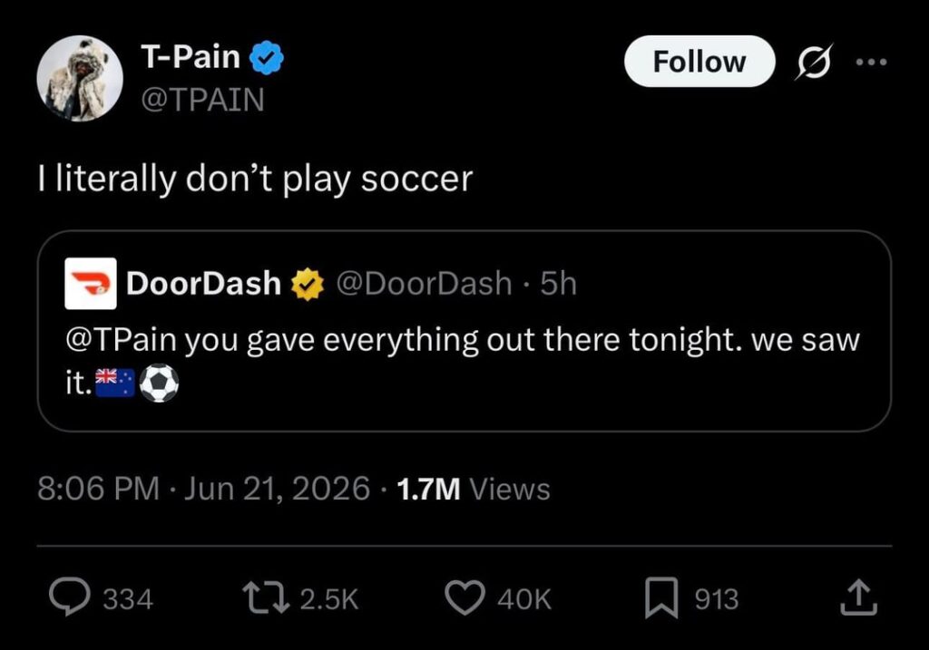 T-Pain was mistakenly tagged four times by DoorDash tweeting about New Zealand footballer Tim Payne during the NZ vs Egypt World Cup match.