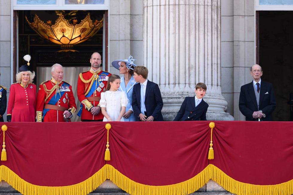 london, england june 13: (l r) queen camilla, king charles iii, prince william, prince of wales, princess charlotte of wales, catherine, princess of wales, prince george of wales, prince louis of wales and prince edward, duke of kent during trooping the colour on june 13, 2026 in london, england. trooping the colour is a ceremonial parade celebrating the official birthday of the british monarch. the event features over 1400 soldiers of the household division and kings troop royal horse artillery, including over 400 musicians from the massed bands. (photo by karwai tang/wireimage)