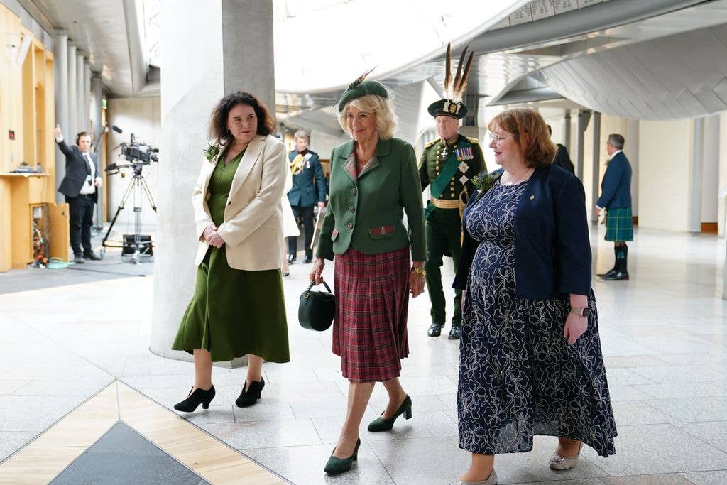Queen Camilla arrives with Deputy Presiding Officers Katy Clark (left) and Clare Adamson (right) for the opening of the seventh session of the Scottish Parliament on June 27, 2026 in Edinburgh, Scotland