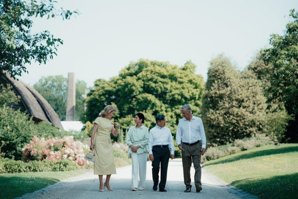 King Philippe and Queen Mathilde of Belgium and Emperor Naruhito and Empress Masako of Japan Visited the Japanese Tower and Royal Greenhouses in Laeken Before Saying Goodbye