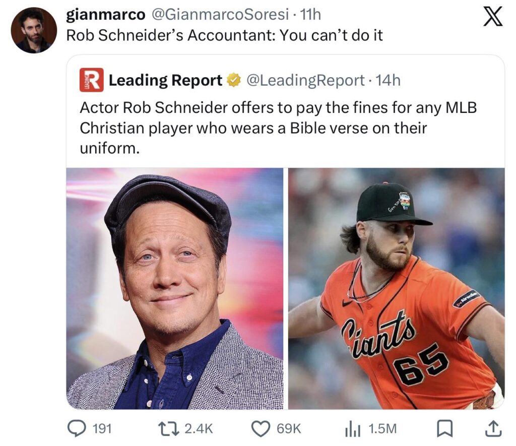 Gianmarco Soresi roasts Rob Schneider after Rob offers to pay the fines for any MLB Christian player who wears a Bible verse on their uniform