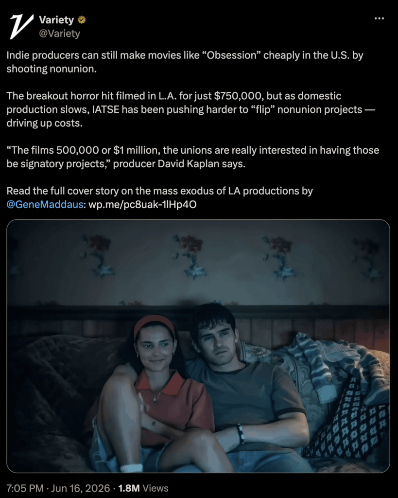 Variety - "Indie producers can still make movies like “Obsession” cheaply in the U.S. by shooting nonunion."