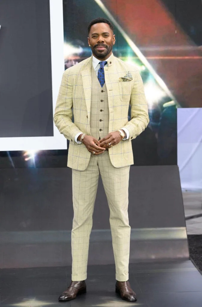 Colman Domingo wearing a dunhill Spring 2026 checked three-piece suit at the Disclosure Day London premiere.