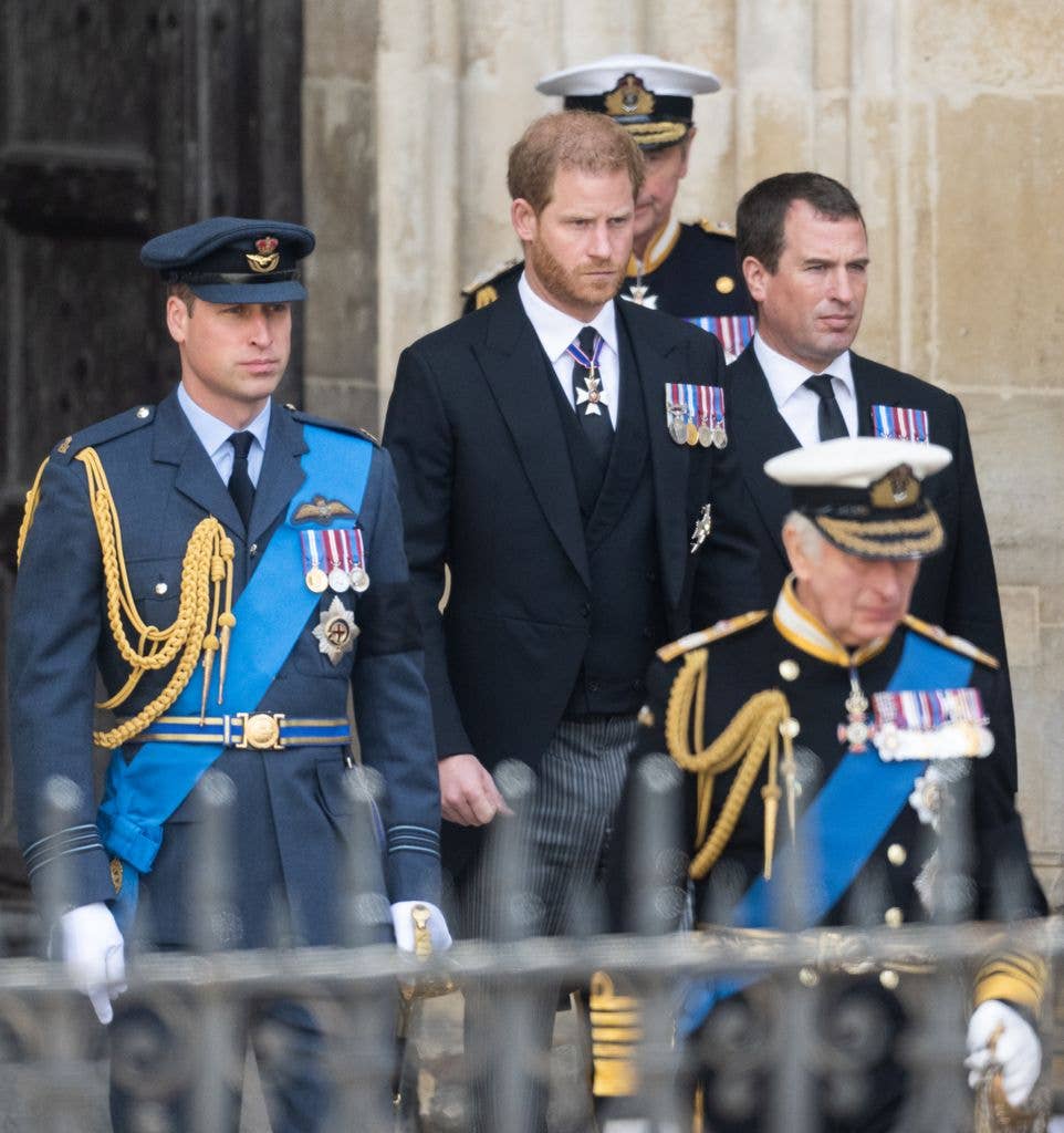 Prince William, Prince Harry, and Peter Phillips attend the State Funeral of Queen Elizabeth II at Westminster Abbey 
