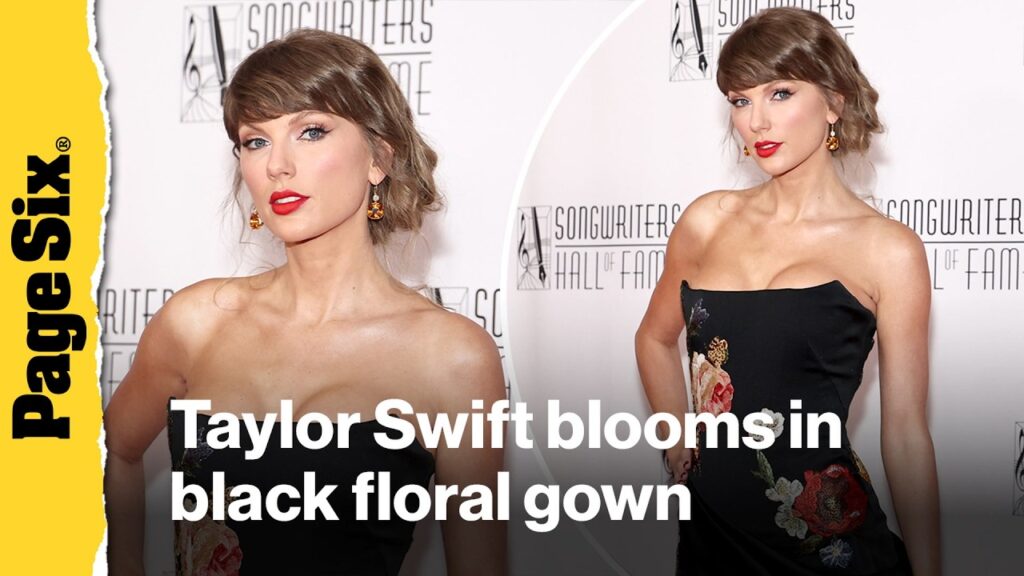 Taylor Swift blooms in black floral gown on Songwriters Hall of Fame 2026 red carpet Taylor Swift blooms in black floral gown on Songwriters Hall of Fame 2026 red carpet