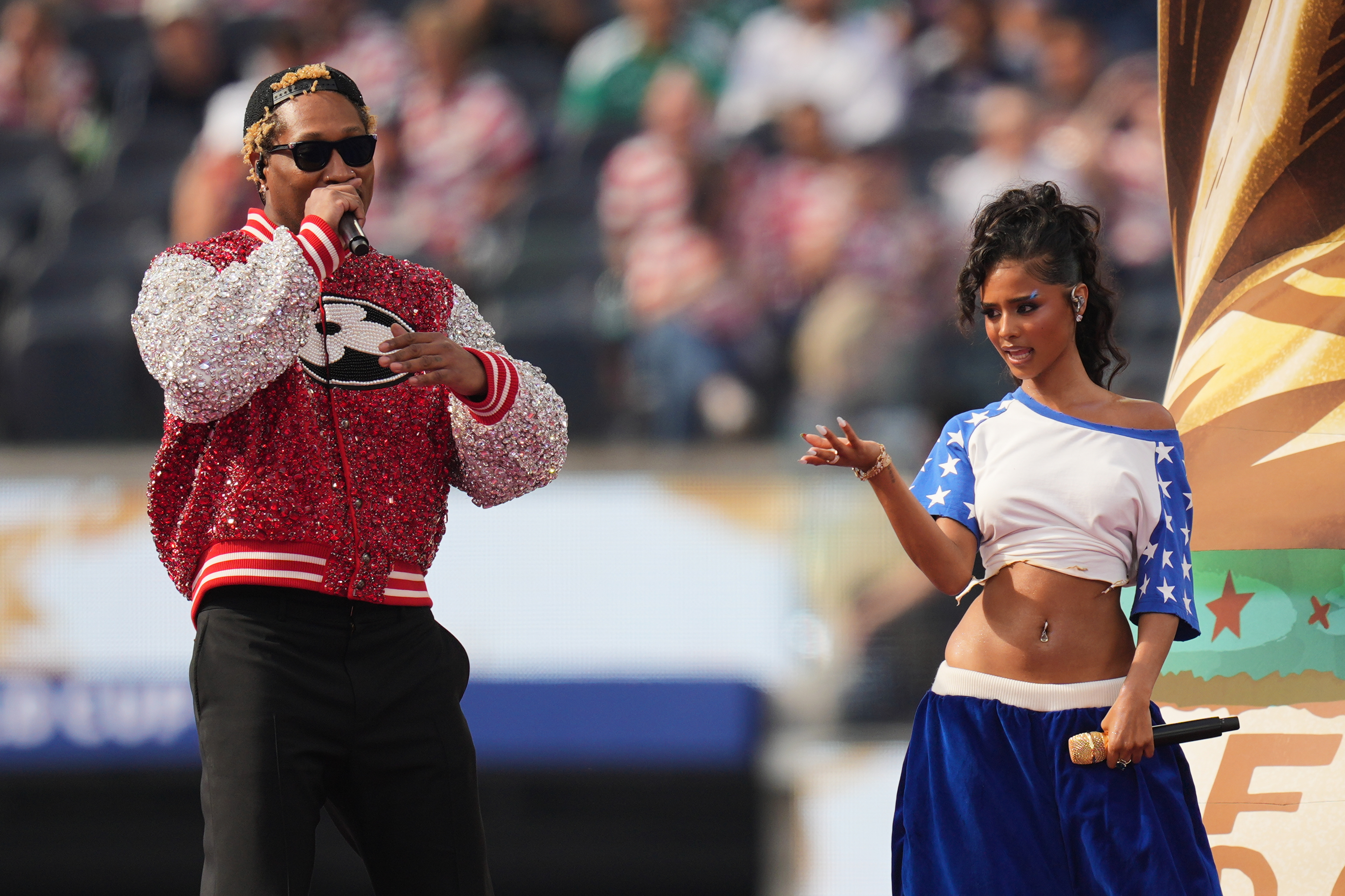 Future, left, and Tyla perform during the opening ceremony for...