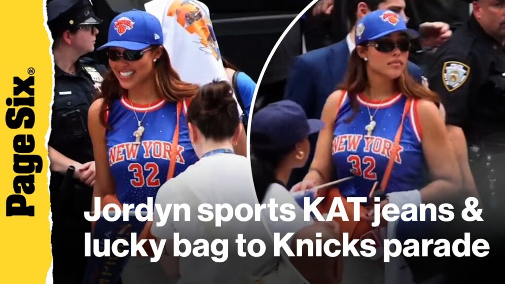 Jordyn Woods sports custom Karl-Anthony Towns jeans — and her lucky bag — to the Knicks NYC parade