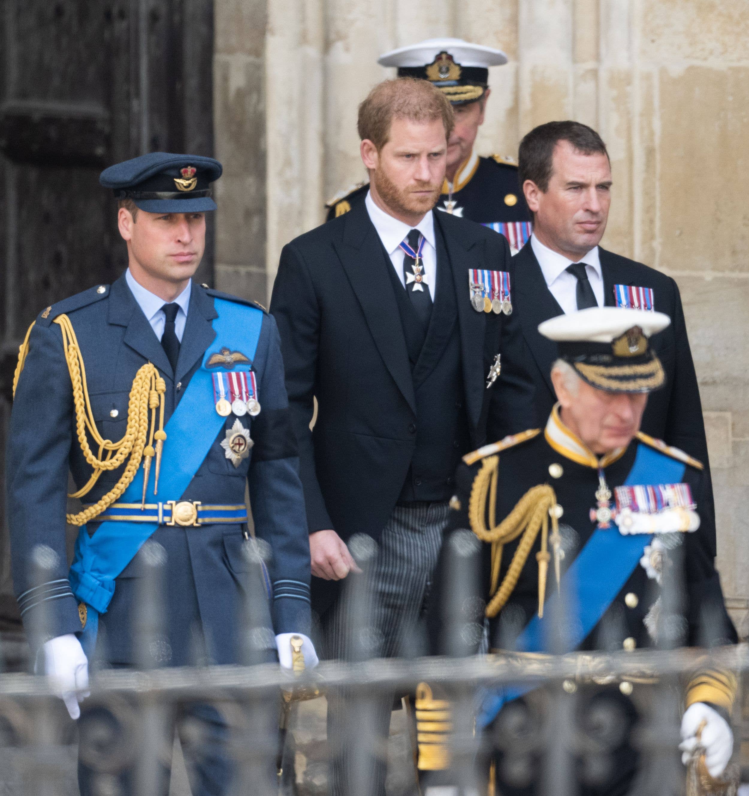 Prince William, Prince Harry, and Peter Phillips attend the State Funeral of Queen Elizabeth II at Westminster Abbey 