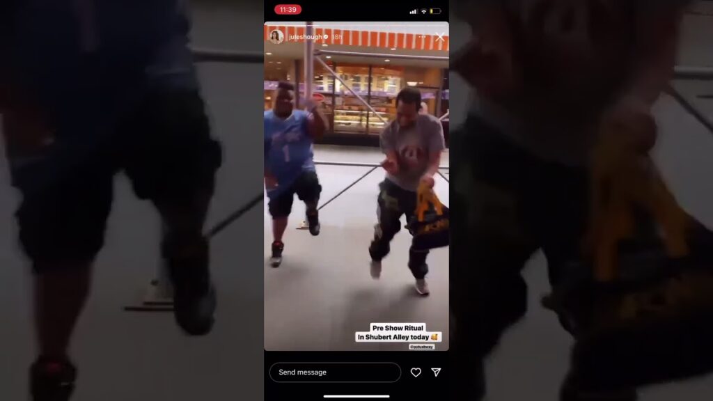 Matthew and his friend dancing outside Broadway play. #juliannehough Instagram story July 26 2022