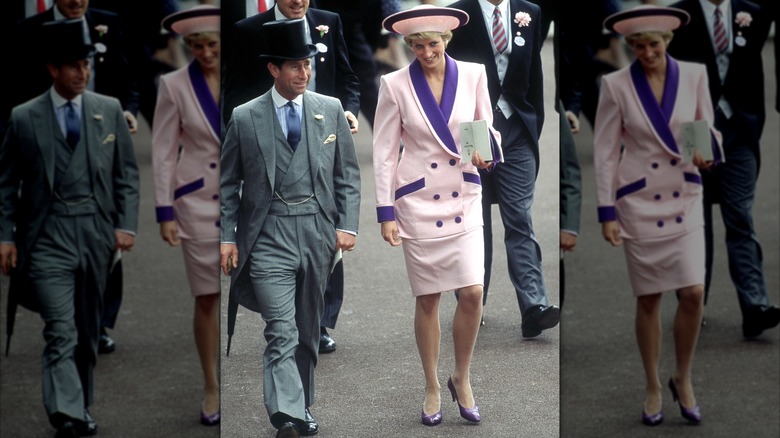 The Prince and Princess of Wales attend the second day of the Royal Ascot race meeting, June 1990. The Princess is wearing a Catherine Walker suit