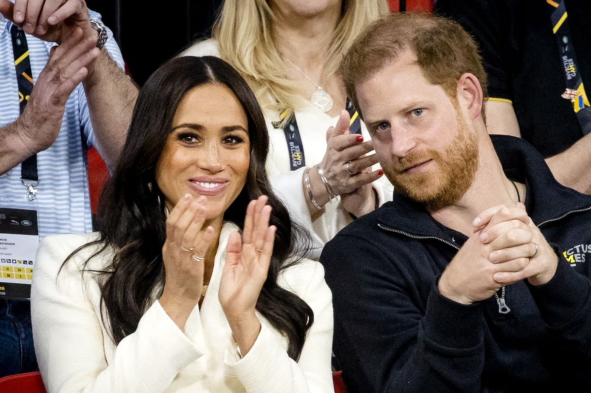 The Duke and Duchess of Sussex, Prince Harry and his wife Meghan Markle visit the sitting volleyball section of the fifth edition of the Invictus Games in The Hague on April 17, 2022.