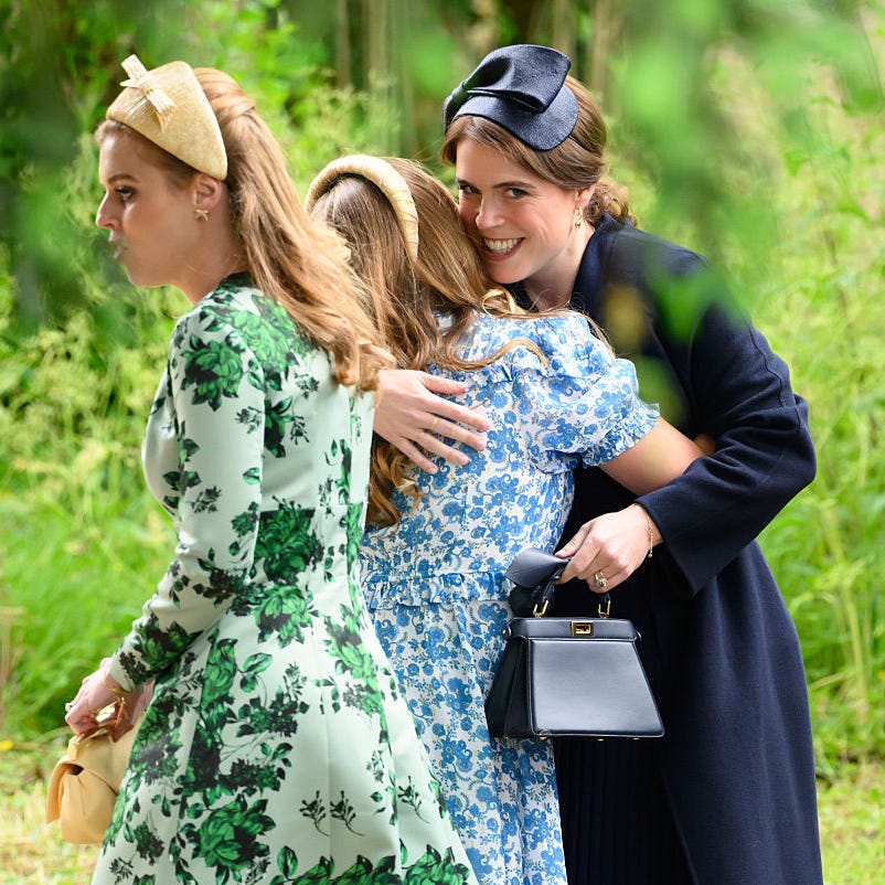 kemble, england june 06: princess beatrice of york, mia tindall and princess eugenie of york arrive for the royal wedding of peter phillips and harriet sperling at all saints church on june 06, 2026 in kemble, england. (photo by karwai tang/wireimage)