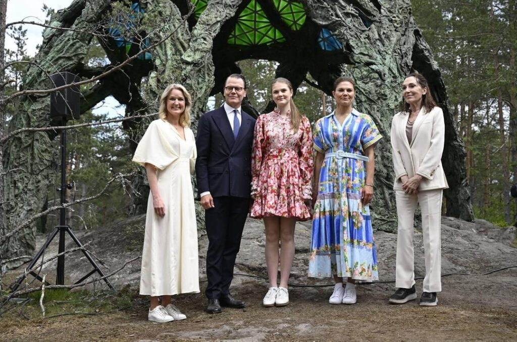 Crown Princess Victoria, Prince Daniel and Princess Estelle attend the inauguration of the sculpture "Aurora Borealis Star Dome" in the Princess Estelle Sculpture Park in Stockholm