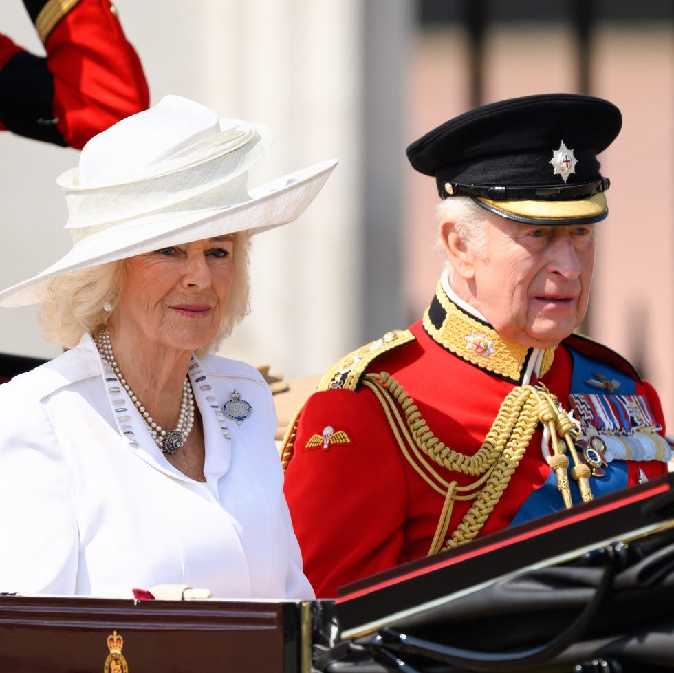 Trooping The Colour 2025 london, england june 14: queen camilla and king charles iii during trooping the colour 2025 on june 14, 2025 in london, england. trooping the colour is a ceremonial parade celebrating the official birthday of the british monarch. the event features over 1,400 soldiers and officers, accompanied by 200 horses. more than 400 musicians from ten different bands and corps of drums march and while performing. (photo by karwai tang/wireimage)