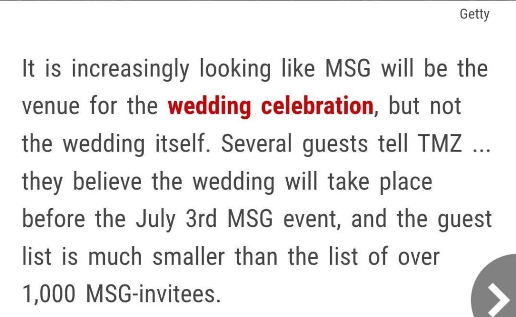 TMZ reports that Madison Square Garden will not be the venue of Taylor Swift and Travis Kelce’s wedding , it will serve as the venue of a larger celebration after a small private wedding.