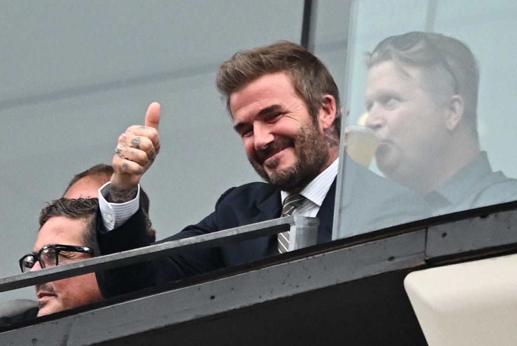 David Beckham reacts in the stands during the Panama vs. England Group L match in East Rutherford, New Jersey.