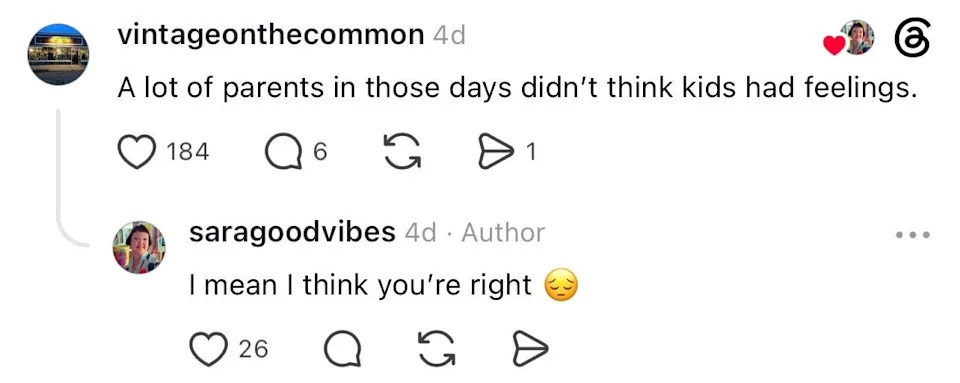 Comment exchange: One person notes parents overlooked kids' feelings, with 184 likes. Another agrees with a thinking face emoji, garnering 20 likes