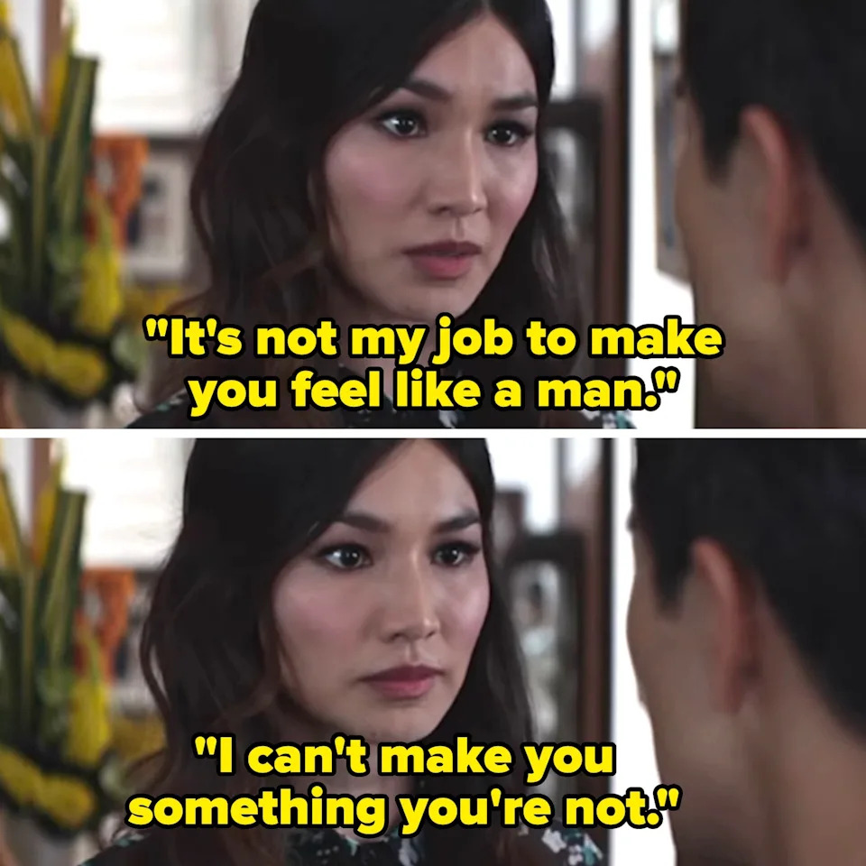 Two images of a woman facing a man indoors, with a serious expression, engaged in conversation