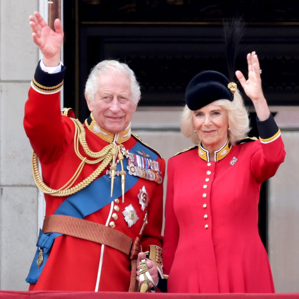 Trooping The Colour 2023 london, england june 17: king charles iii and queen camilla wave as they watch the fly past on the buckingham palace balcony during trooping the colour on june 17, 2023 in london, england. trooping the colour is a traditional parade held to mark the british sovereigns official birthday. it will be the first trooping the colour held for king charles iii since he ascended to the throne. (photo by chris jackson/getty images)