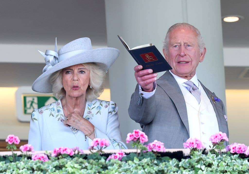 King Charles III and Queen Camilla watch the racing from the Royal Box he attends day one of Royal Ascot 2026 at Ascot Racecourse on June 16, 2026 in Ascot, England. (Photo by Chris Jackson/Getty Images)