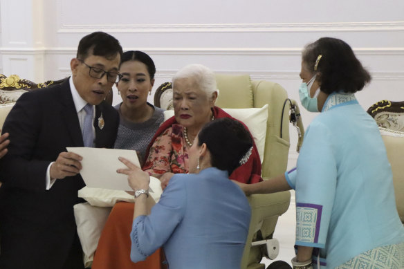 (From left) King Maha Vajiralongkorn, Princess Bajrakitiyabha, Thai Queen Mother Sirikit, Queen Suthida and Princess Maha Chakri Sirindhorn, during a merit-making ceremony on the queen mother’s 88th birthday at Chulalongkorn hospital in 2020. 