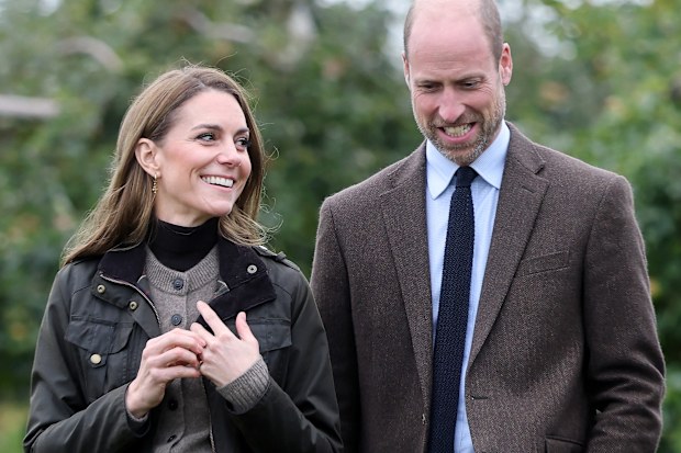 Catherine, Princess of Wales and Prince William, Prince of Wales during a visit to Long Meadow Cider on October 14, 2025 in Craigavon, Northern Ireland.