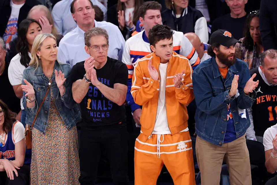 NEW YORK, NEW YORK - JUNE 08: (L-R) Christine Taylor, Ben Stiller and Timothée Chalamet look on during the first quarter between the New York Knicks and the San Antonio Spurs in Game Three of the 2026 NBA Finals at Madison Square Garden on June 08, 2026 in New York City. NOTE TO USER: User expressly acknowledges and agrees that, by downloading and or using this photograph, User is consenting to the terms and conditions of the Getty Images License Agreement. (Photo by Al Bello/Getty Images)