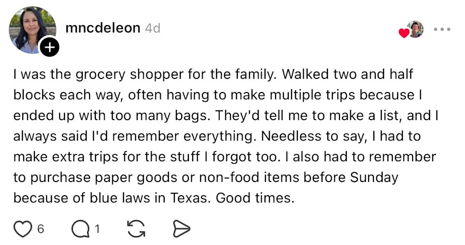 Summary of a text post about grocery shopping and making extra trips due to blue laws in Texas, reflecting on past experiences