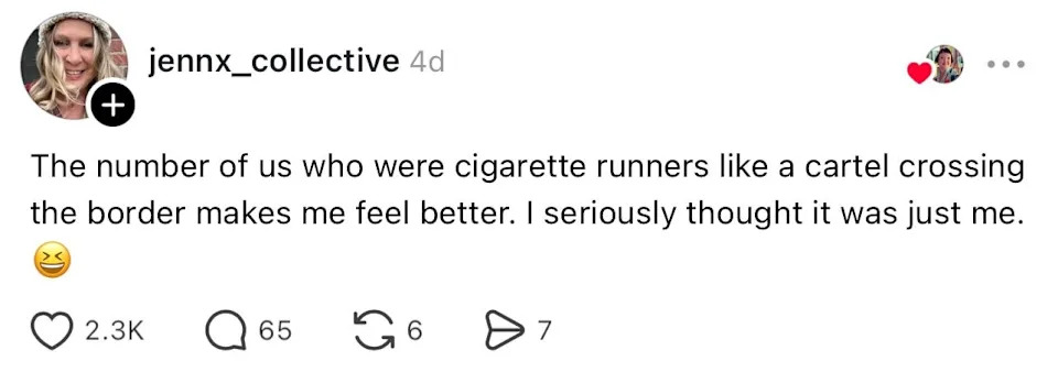 A social media post from jennx_collective expressing relief at not being the only one who smuggled cigarettes like a cartel