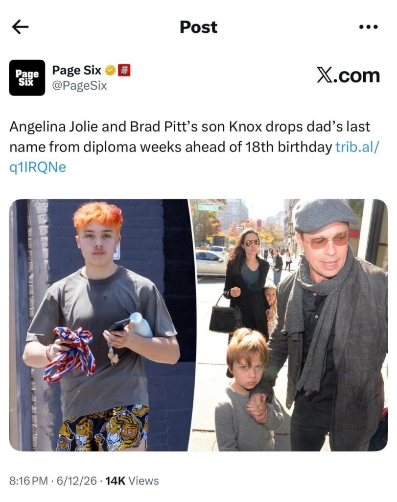 Angelina Jolie and Brad Pitt’s son Knox drops dad’s last name from diploma weeks ahead of 18th birthday; joining siblings Zahara, Shiloh & Maddox who have already filed legal paperwork to remove ‘Pitt’ surname