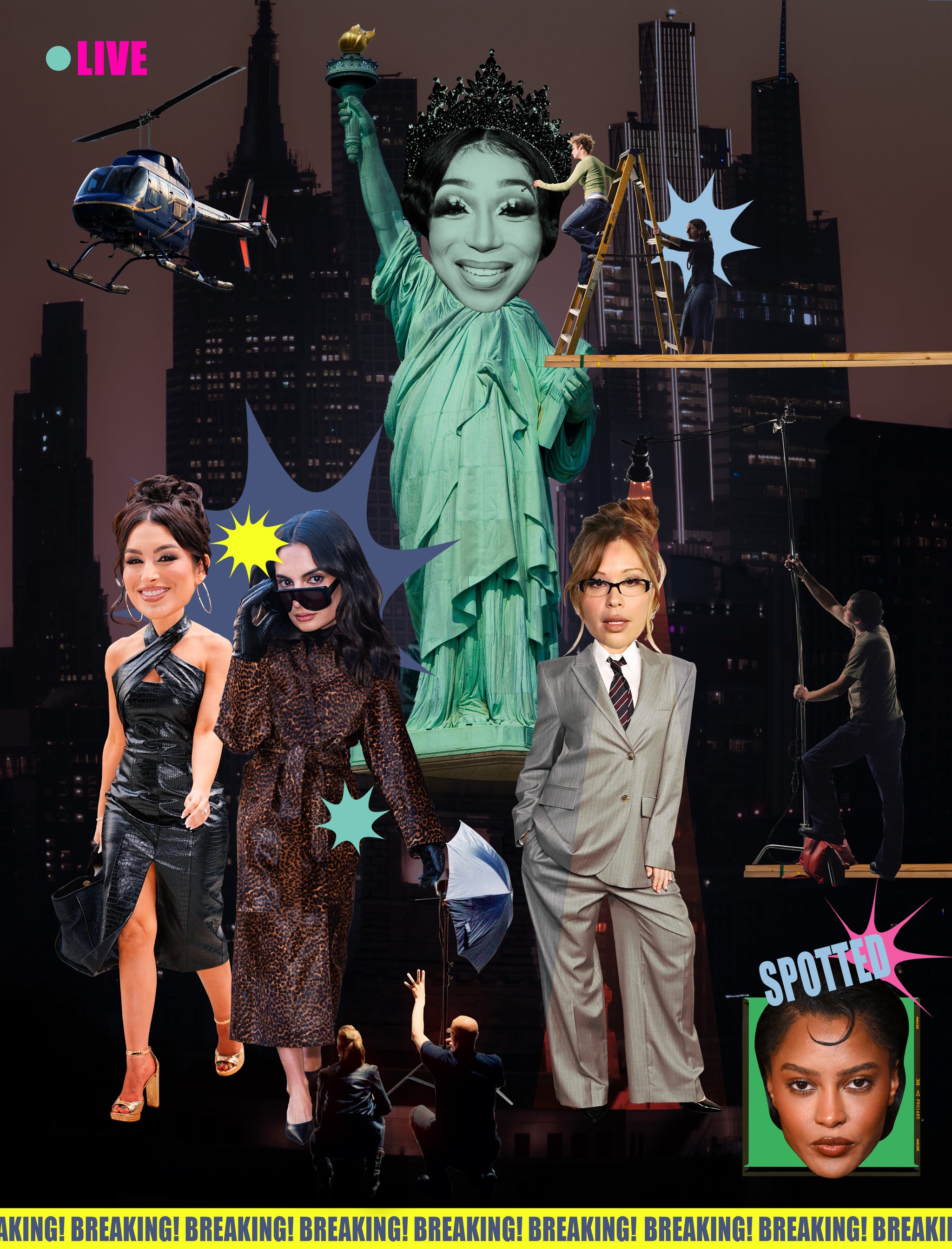 Surreal collage with Liberty statue makeover, NYC backdrop, and fashion models on a nighttime set. Surreal collage with Liberty statue makeover, NYC backdrop, and fashion models on a nighttime set.