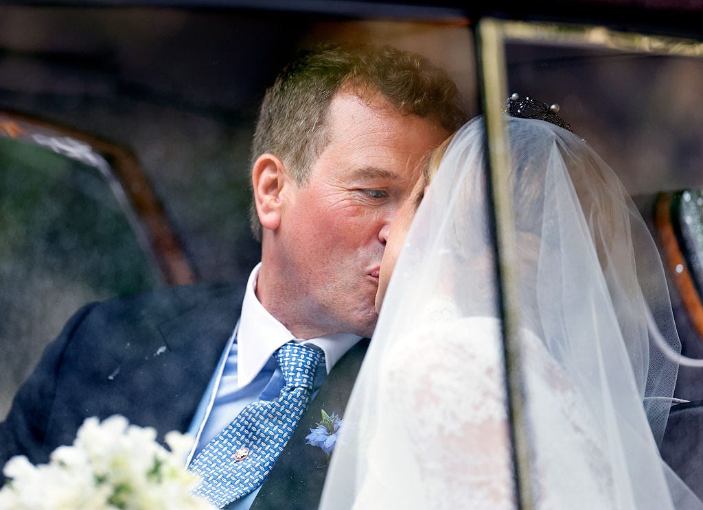 kemble, england june 06: (embargoed for publication in uk newspapers until 24 hours after create date and time) peter phillips and harriet sperling kiss as they depart all saints church in a rolls royce car following their wedding on june 6, 2026 in kemble, england. peter phillips, son of princess anne, princess royal and eldest grandchild of queen elizabeth ii, will marry nhs nurse and writer harriet sperling during a ceremony at all saints church in kemble today. (photo by max mumby/indigo/getty images)