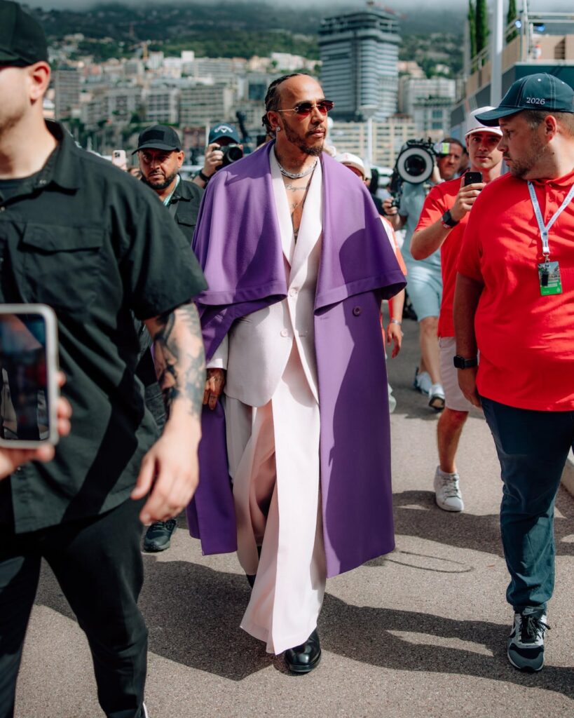 Lewis Hamilton in Issey Miyake Men FW26 while arriving at the F1 Monaco Grand Prix. (June 7, 2026)
