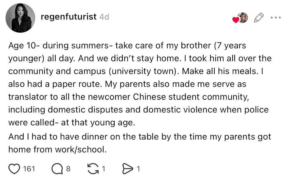 A person describes caring for a younger brother, cooking, translating for a community, and handling responsibilities from a young age