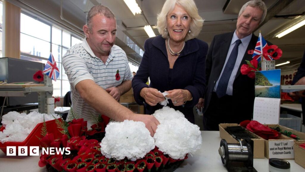 Royal poppy wreath-makers given King’s birthday honours Man in striped shirt holds white flowers on top of red poppy wreath as woman with pearls smiles and prepares to add flowers