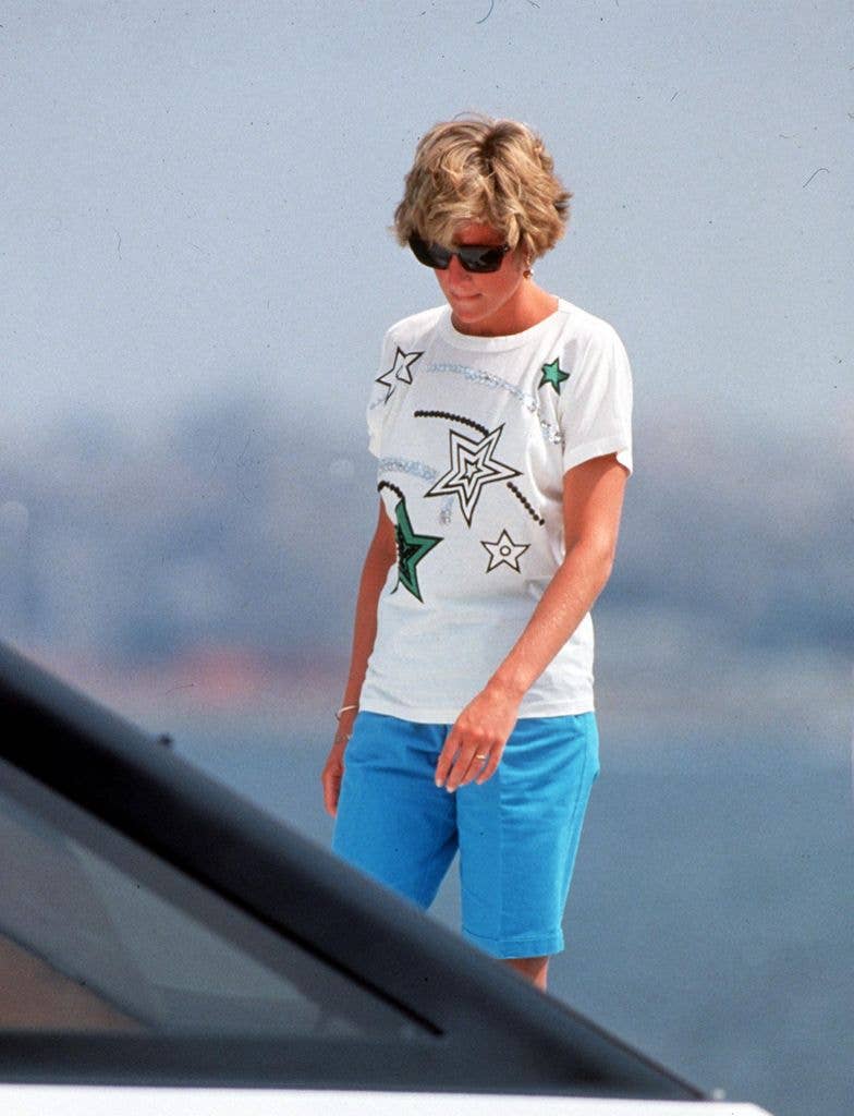 Princess Diana wearing cropped blue shorts 