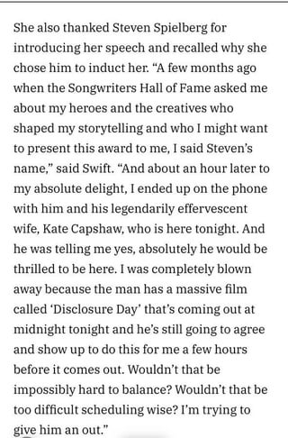 Taylor Swift chose Steven Spielberg to introduce her for her Songwriters Hall of Fame speech, for inspiring her storytelling craft through his movies.