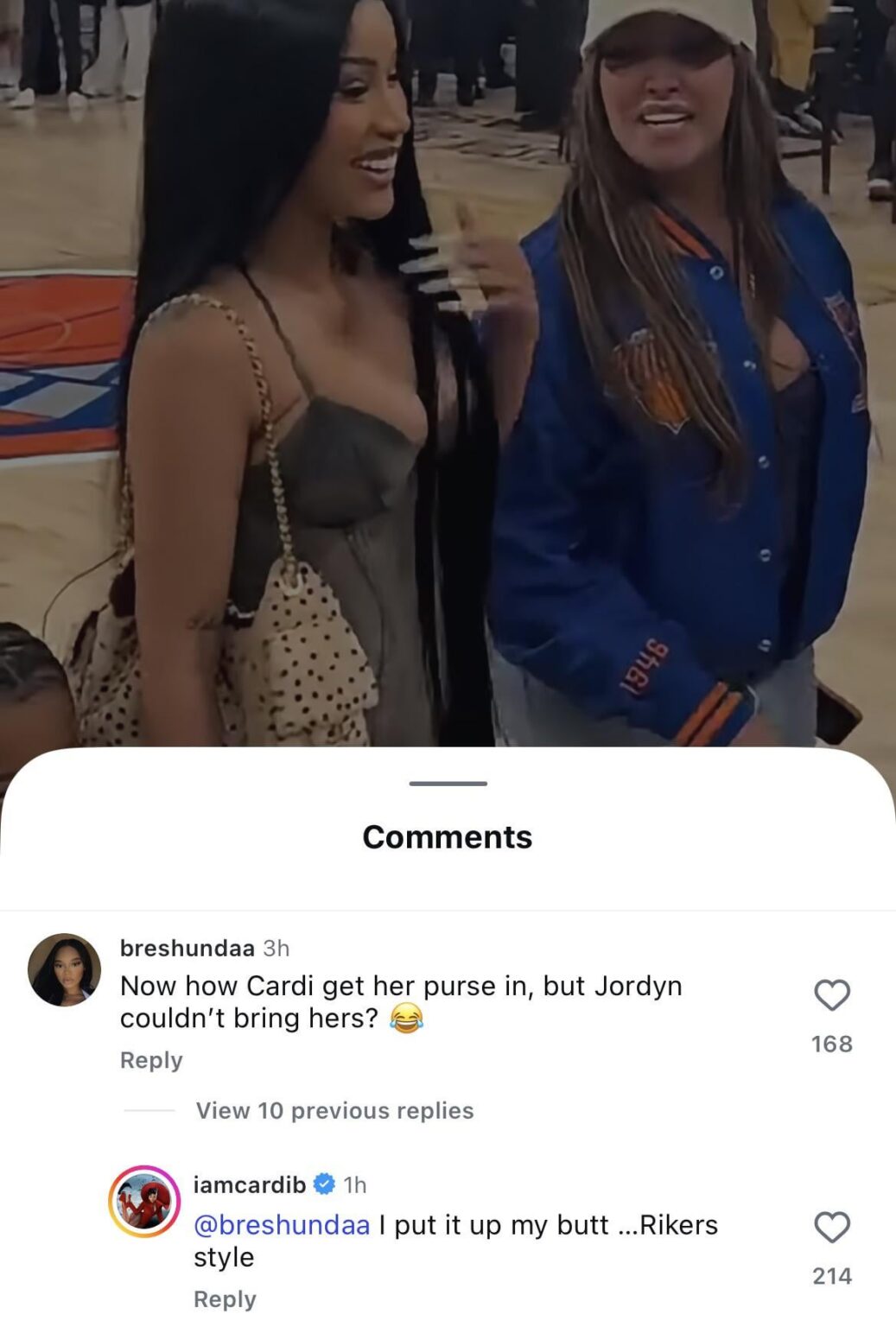 Cardi B shares how she brought her purse into Madison Square Garden during last night’s NBA Finals game despite there being a bag ban: “I put it up my butt ...Rikers style”