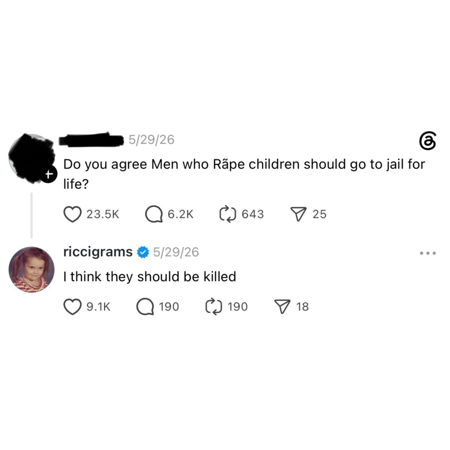Christina Ricci responds to someone asking if child rapists should go to jail for life