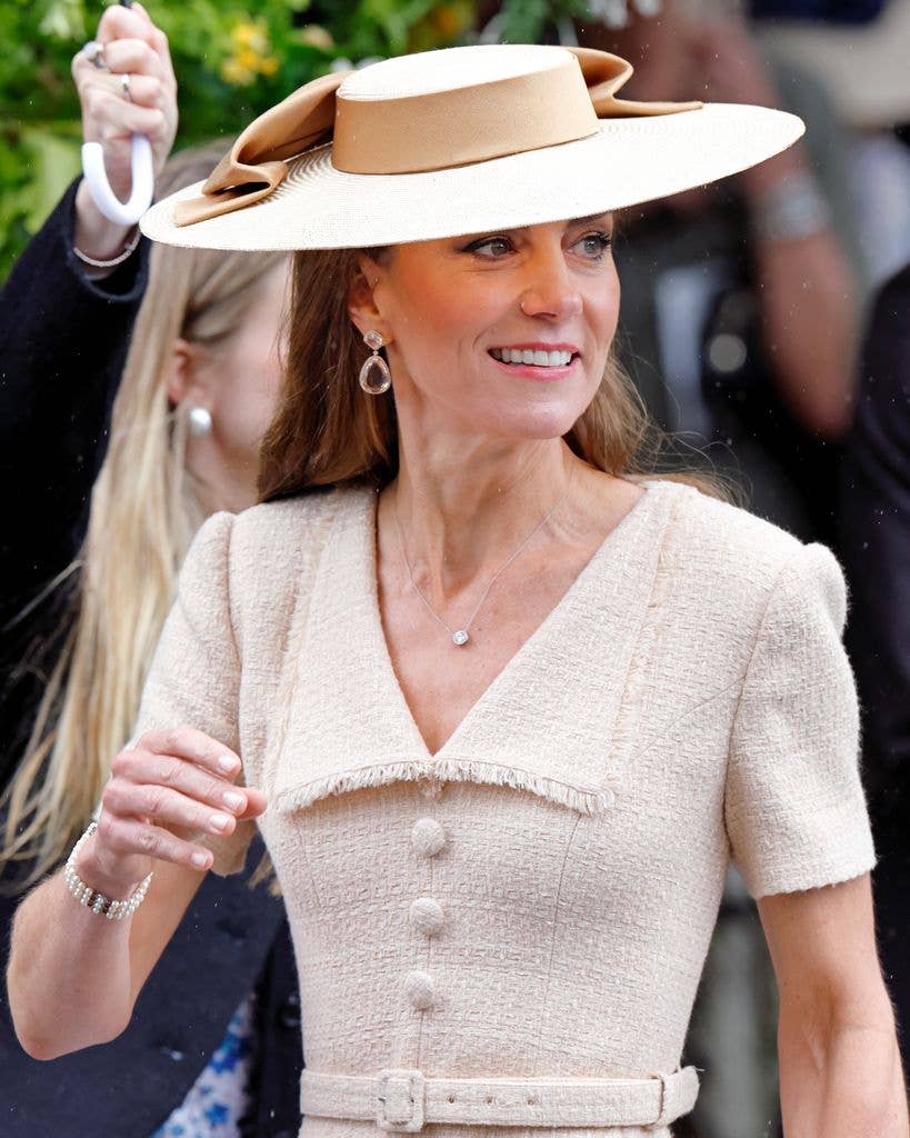 Kate Middleton at the wedding of Peter Phillips and Harriet Sperling at All Saints' Church on June 6, 2026 in Kemble, England. 