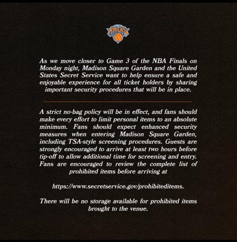 Knicks ask fans to arrive at the arena at least two hours before game 3 begins because of Trump attending the march.
