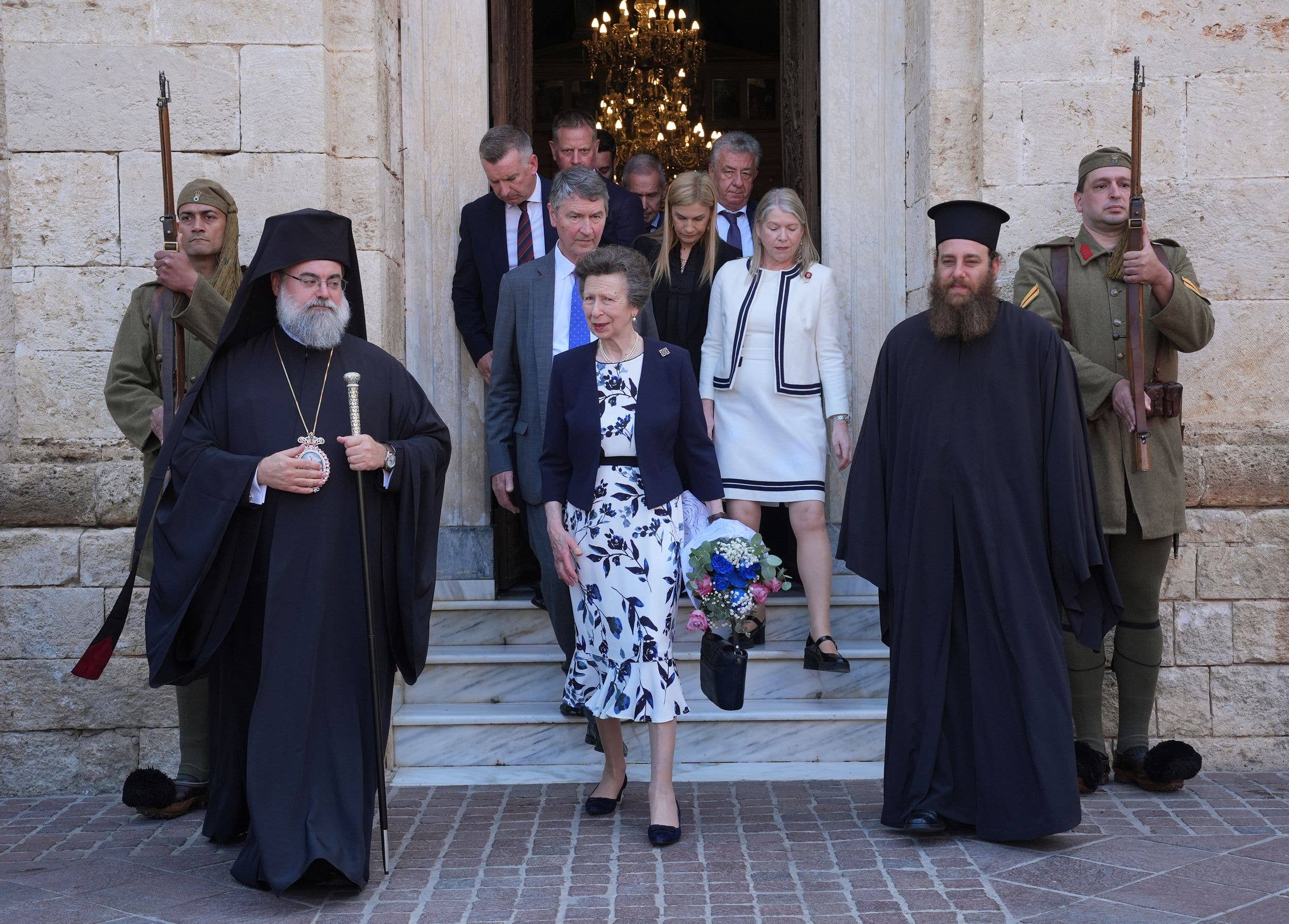 The Princess Royal with her husband Vice Admiral Sir Tim Laurence attending the official doxology to commemorate the 85th anniversary of the Battle of Crete at Chania Metropolitan Church, Crete