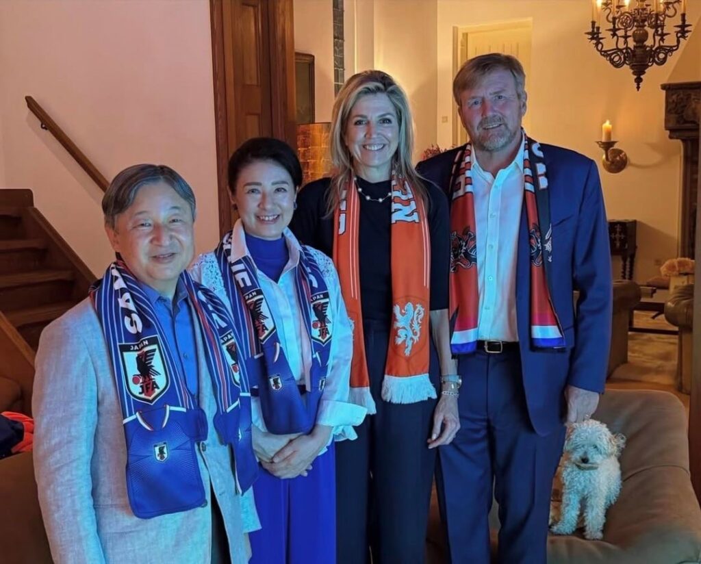 The Japanese and Dutch monarchs are watching the World Cup match together