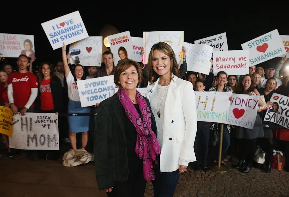 Australian-born presenter, Savannah Guthrie poses alongside her mother Nancy Guthrie during a production break whilst hosting NBC's "Today Show" live from Australia at Sydney Opera House on May 4, 2015 in Sydney, Australia