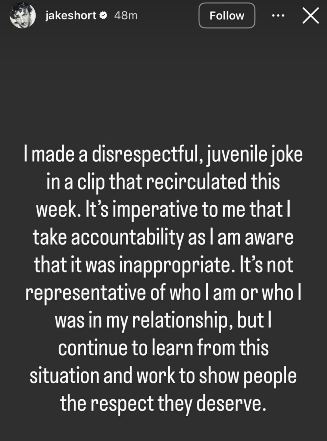 Jake Short’s statement on his IG story after clip of him describing his now ex-fiancée as “some bitch” resurfaced