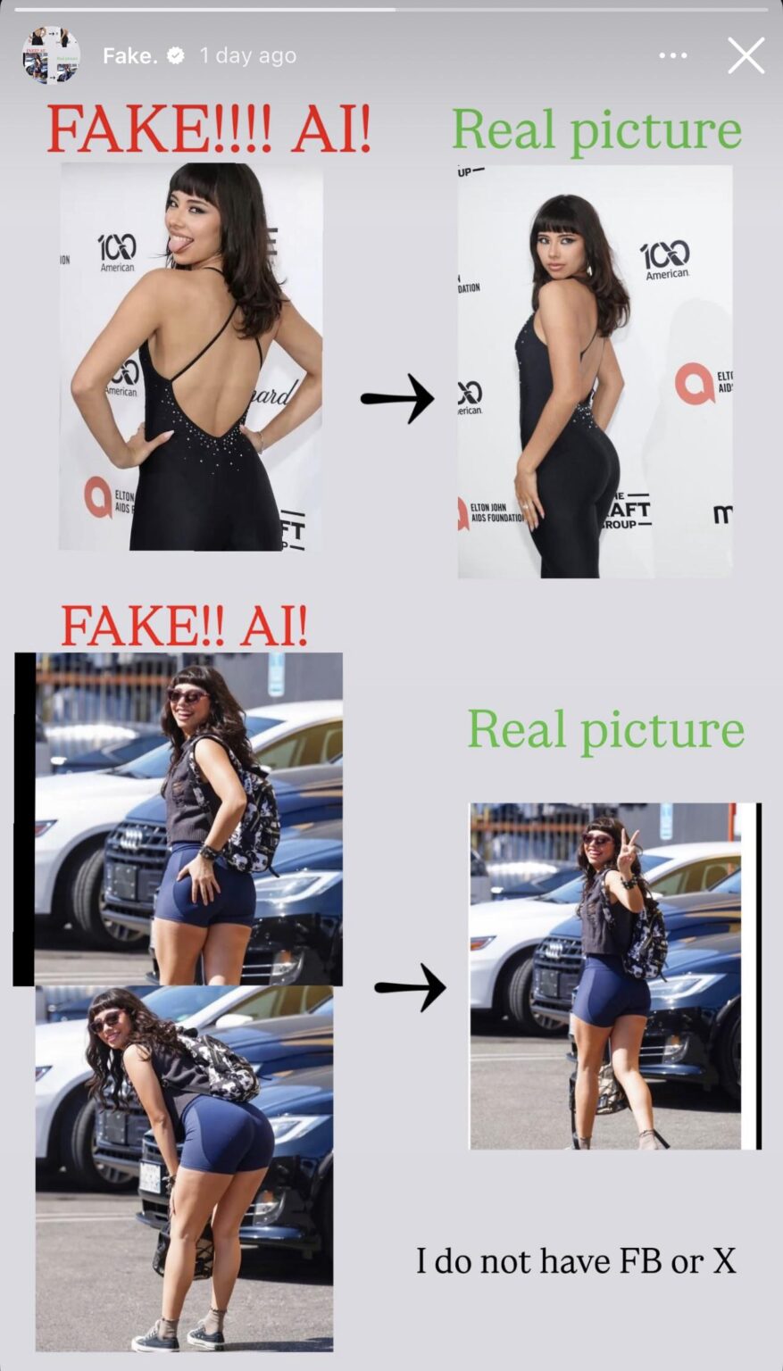 Actress Xochitl Gomez calls out fake AI photos of her spreading on social media and fake accounts pretending to be her on X and FB